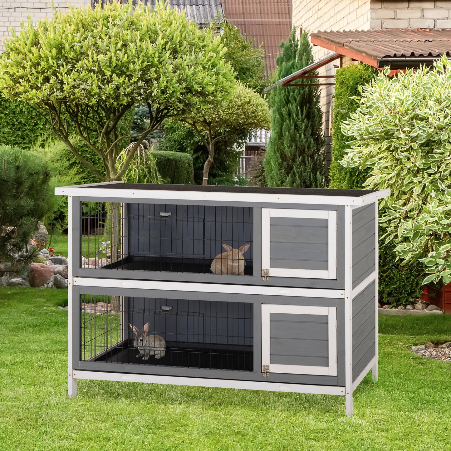 54" 2-Story Large Rabbit Hutch Bunny Cage Pet House Small Animal Habitat with Lockable Doors