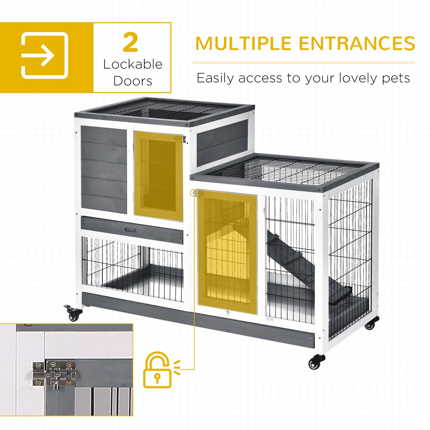 Rabbit Hutch Elevated Bunny Cage Indoor Small Animal Habitat with Enclosed Run with Wheels