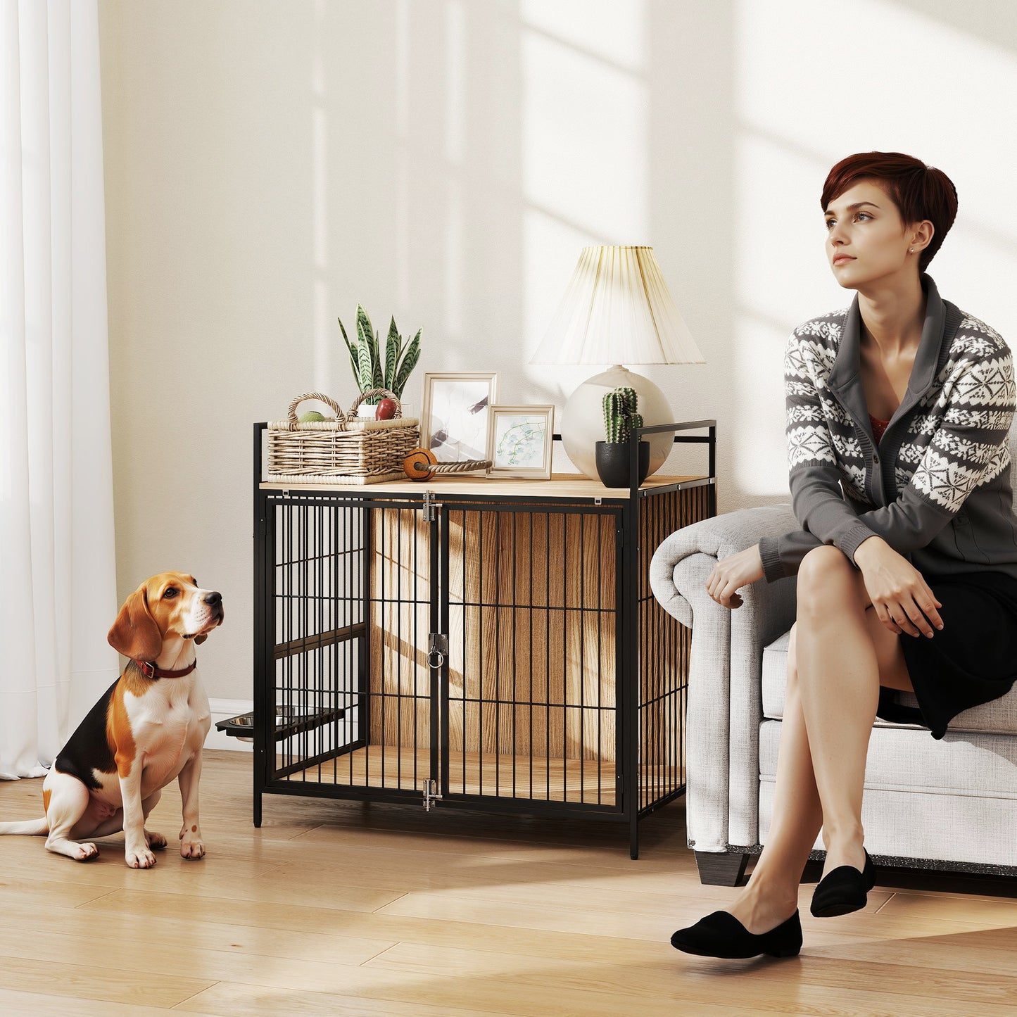 30 Inch Dog Crate Furniture, Indoor Pet Kennel Side Table with Rotatable Bowls, 2 Anti-Escape Doors, for M Dogs, Oak