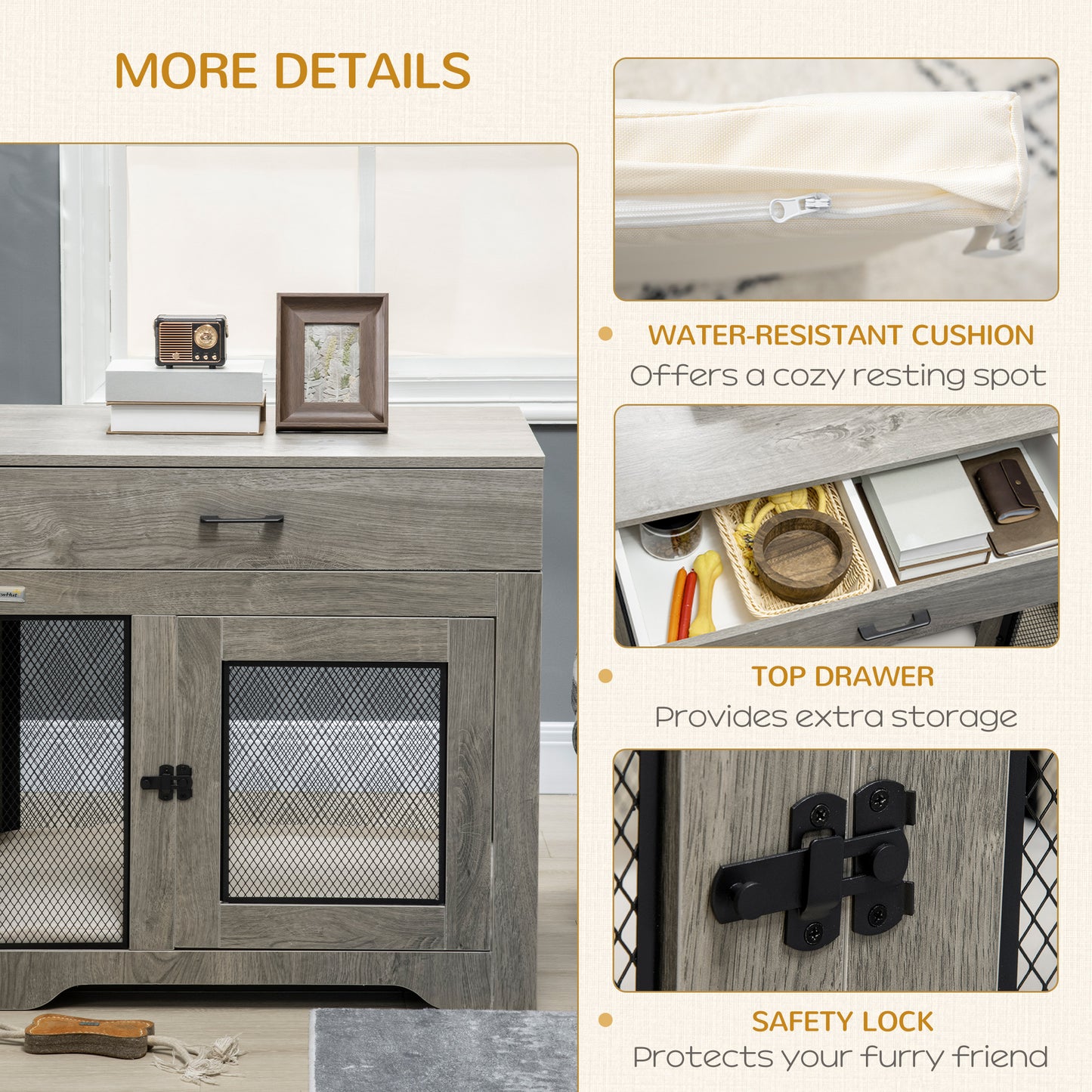 Dog Crate Furniture with Soft Water-Resistant Cushion, Dog Kennel End Table with Drawer, Puppy Crate for Small Dogs Indoor with 2 Doors, Gray