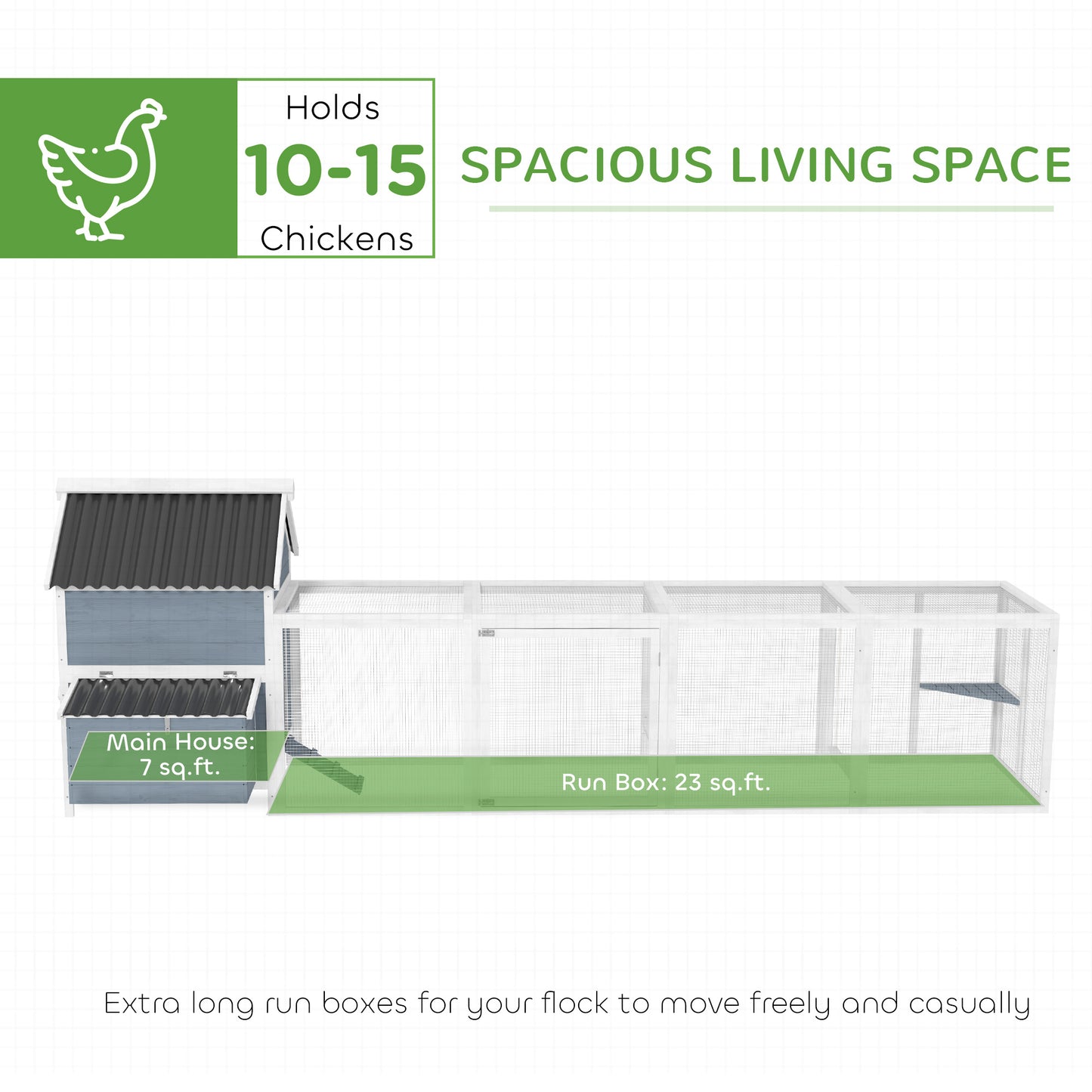 156" Extra Large Wooden Chicken Coop With 2 Nesting Box, Run Cage, Waterproof Wave Roof, For 10-15 Chickens, Light Gray