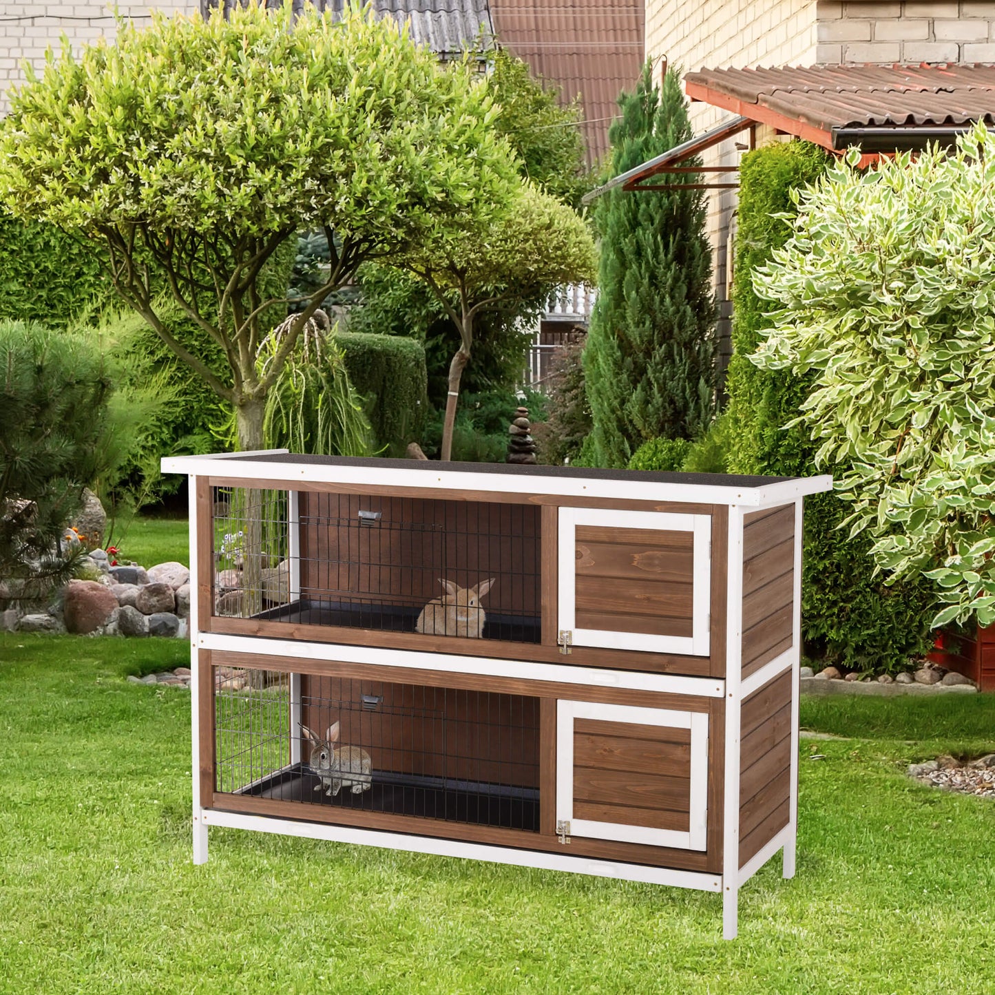 54" 2-Story Large Rabbit Hutch Bunny Cage Pet House Small Animal Habitat with Lockable Doors