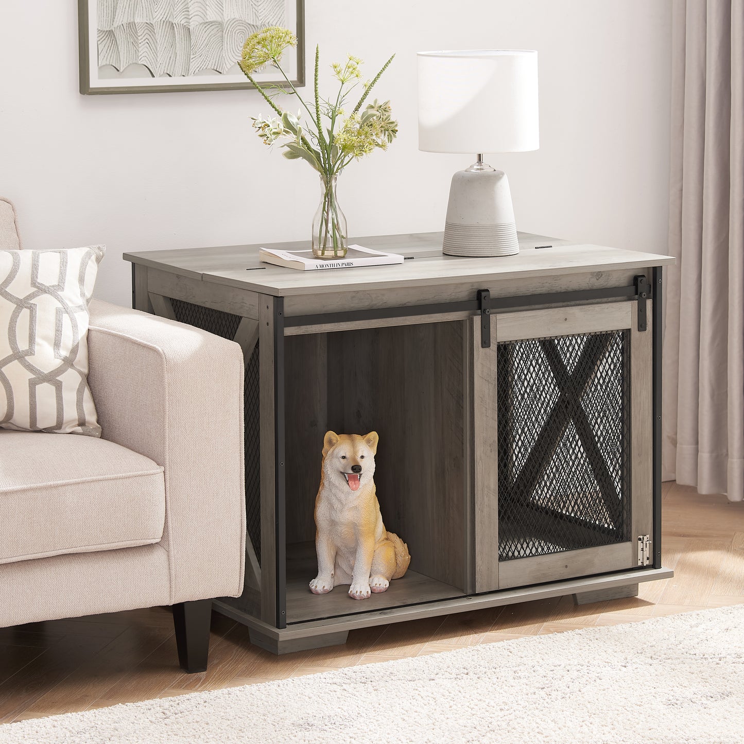 Farmhouse Dog Cage Crate Furniture With Sliding Barn Door,  Farmhouse Wooden Dog Kennel End Table With Flip-top Plate Dog House With Detachable Divider For Small Medium Large Dog Gray