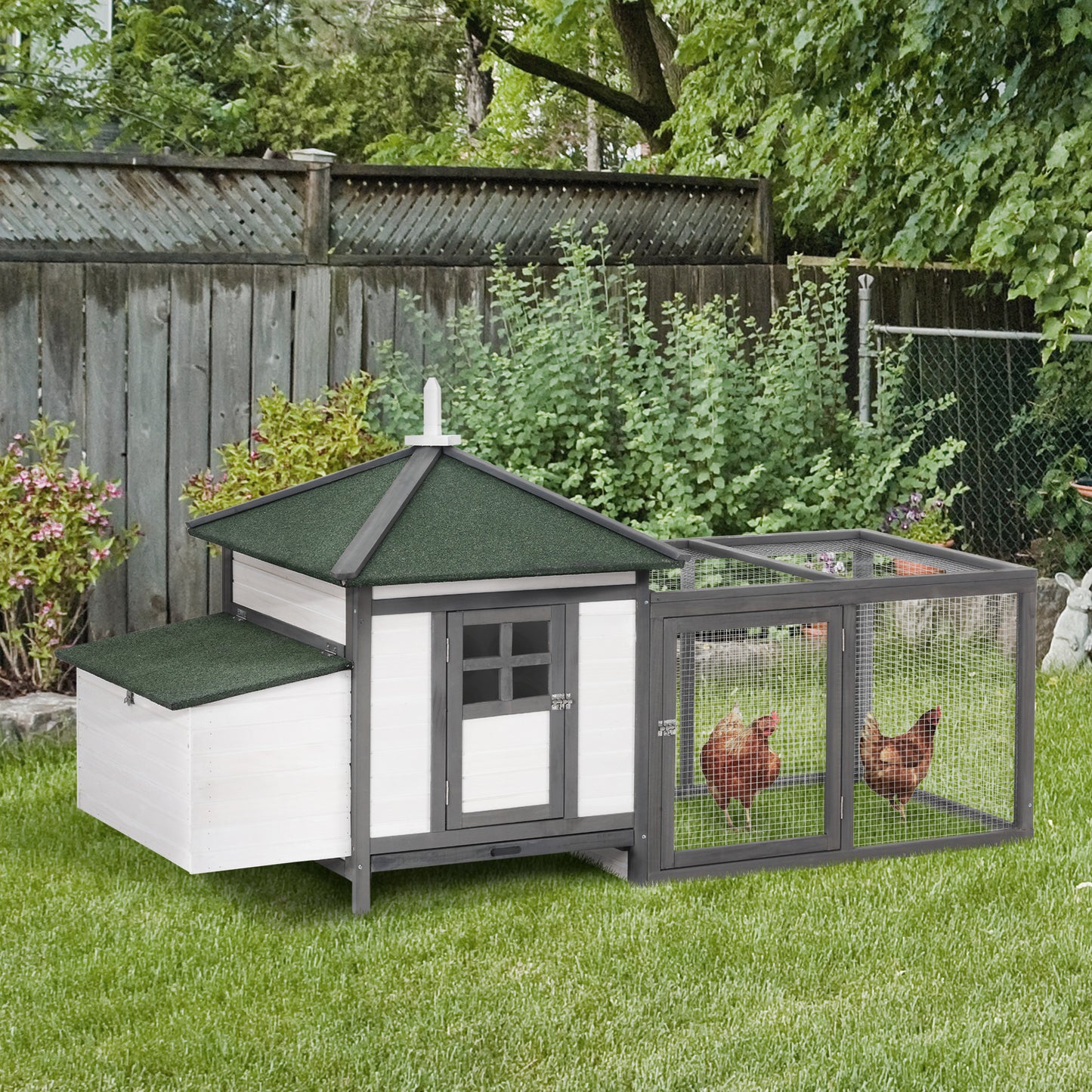 Wooden Chicken Coop 77 Inch With Weatherproof Roof Nesting Box Enclosed Run Removable Tray Outdoor Gray