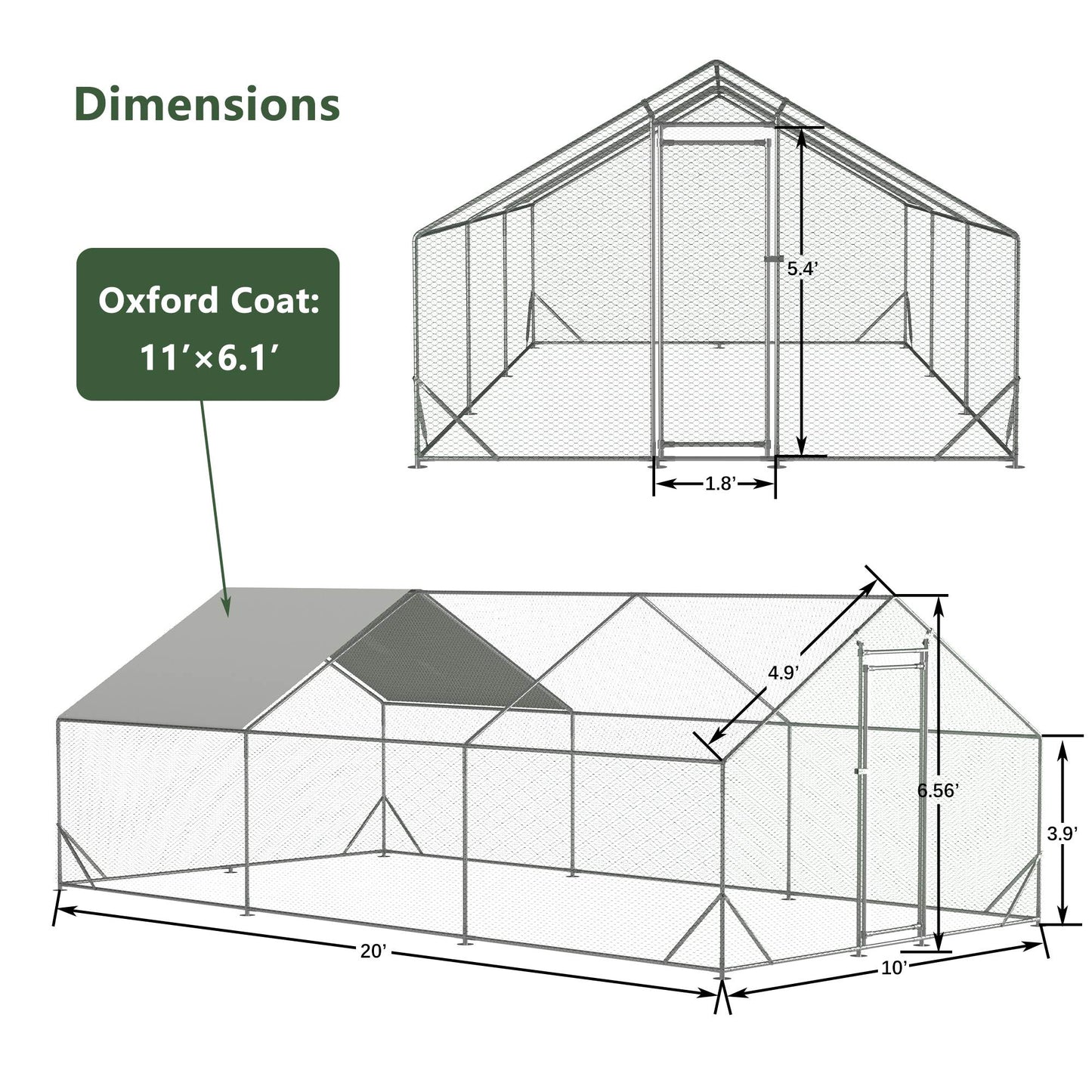 Large Metal Chicken Coop, Walk-in Chicken Run, Galvanized Wire Poultry Chicken Hen Pen Cage, Rabbits Duck Cages With Waterproof And Anti-Ultraviolet Cover For Outside