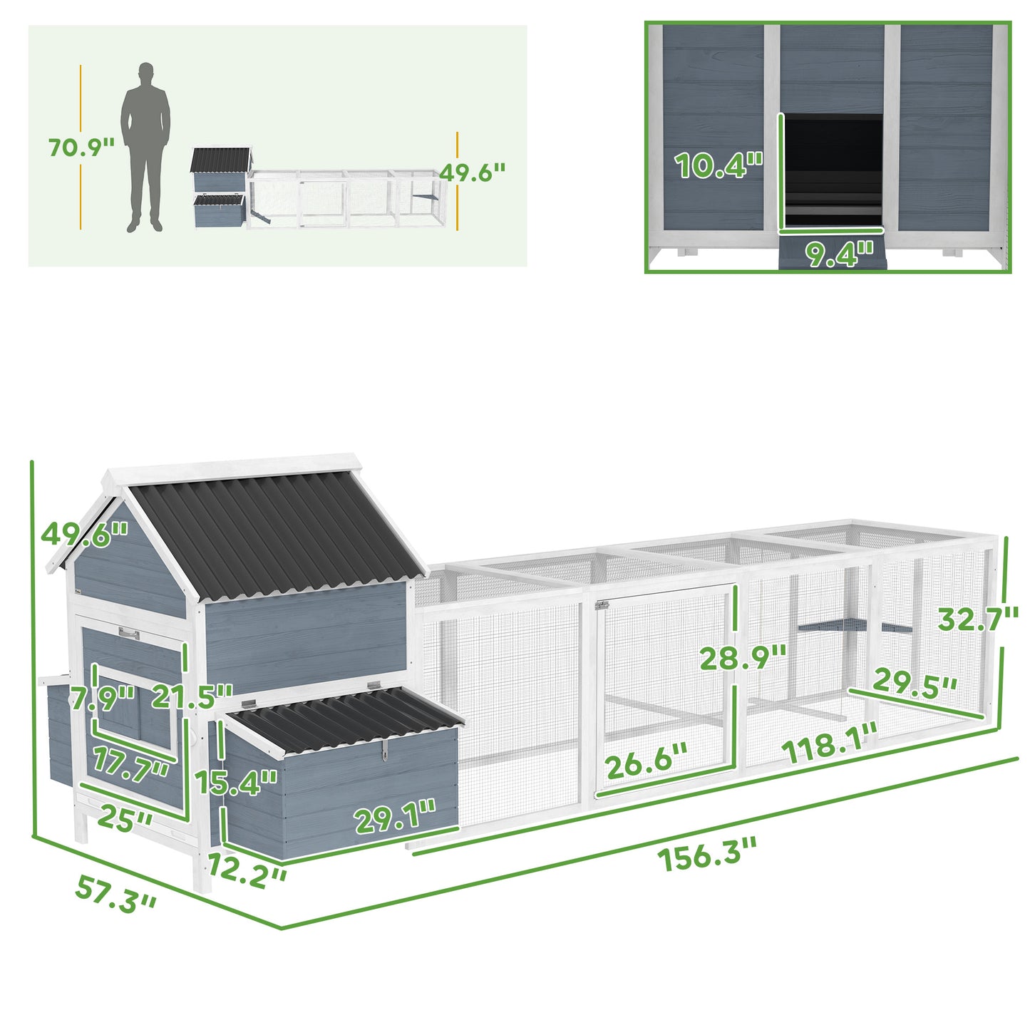 156" Extra Large Wooden Chicken Coop With 2 Nesting Box, Run Cage, Waterproof Wave Roof, For 10-15 Chickens, Light Gray