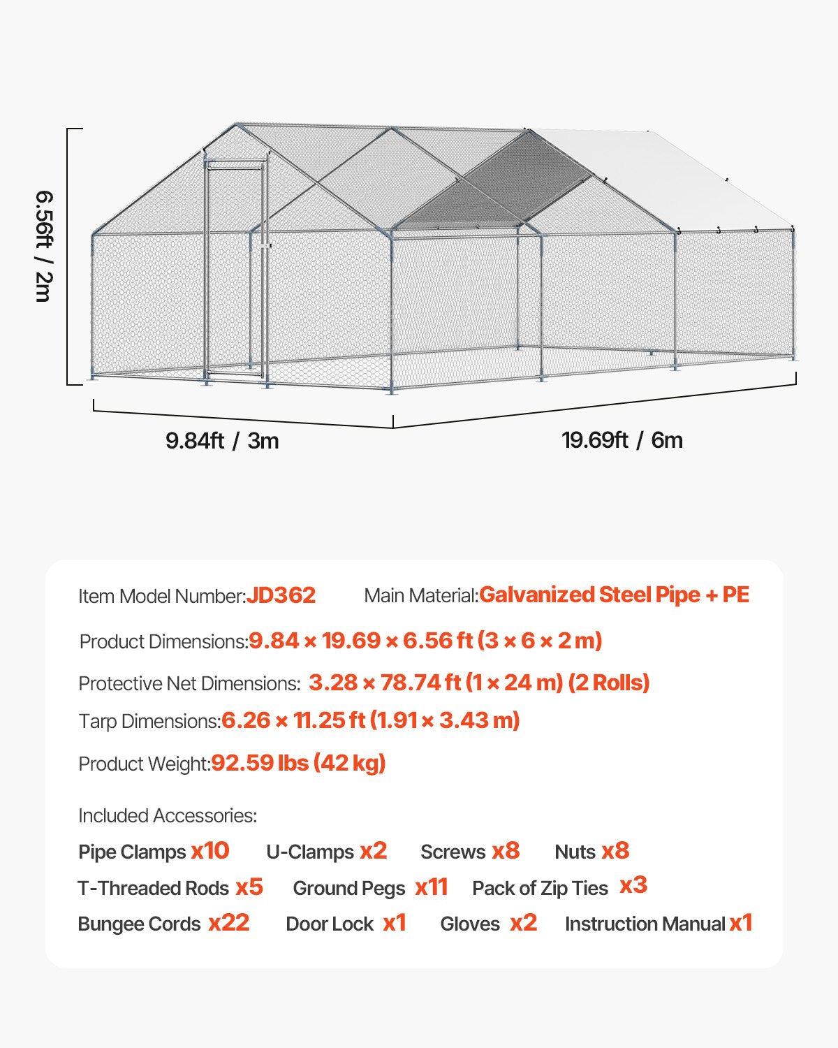 Metal Chicken Coop 9.8x19.6x6.5 Ft Walk-in Chicken Run With Cover Spire Roof