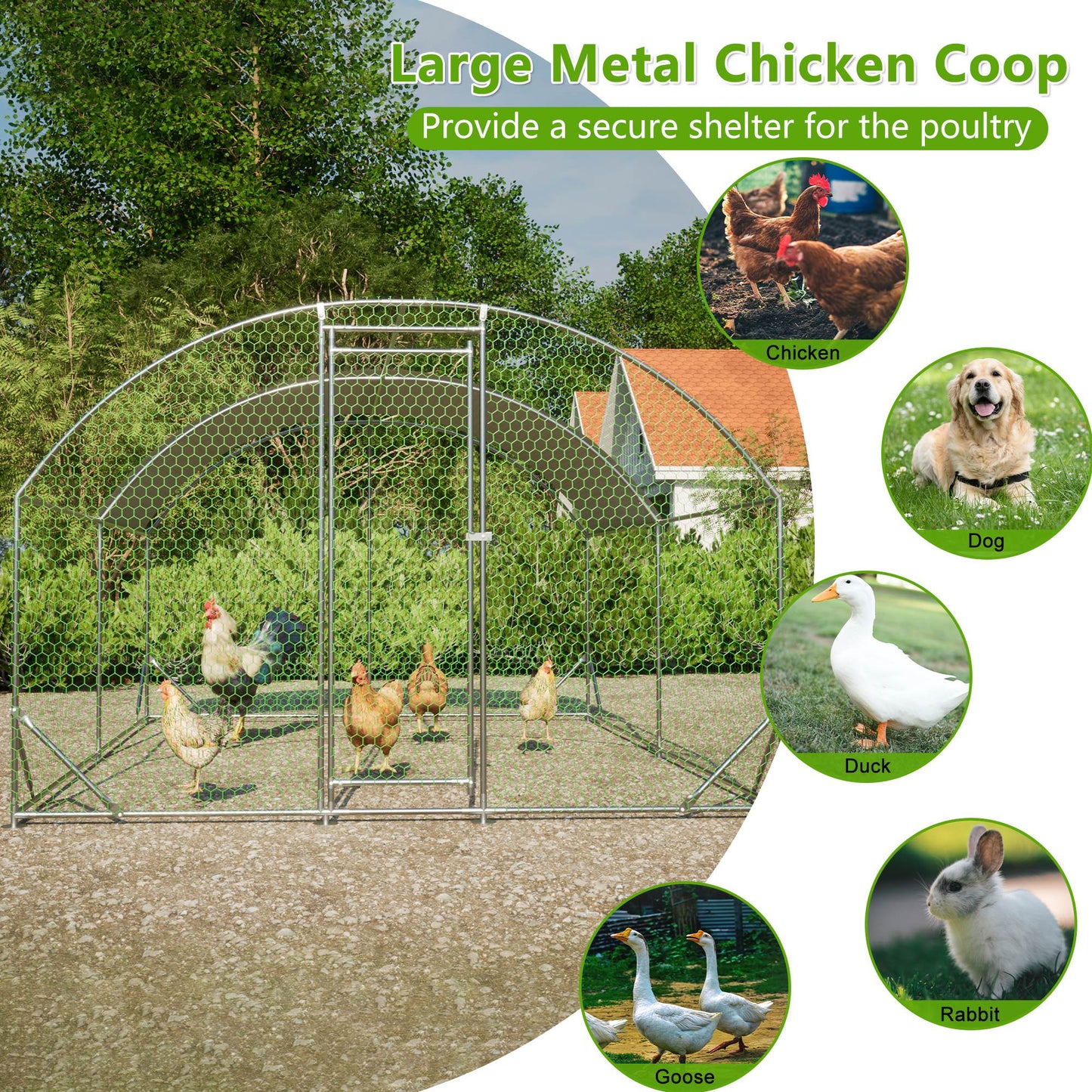 Large Chicken Coop Metal Chicken Run With Waterproof And Anti-UV Cover, Dome Shaped Walk-in Fence Cage Hen House For Outdoor And Yard Farm Use,9.84 X 13.12 X 6.56 Ft