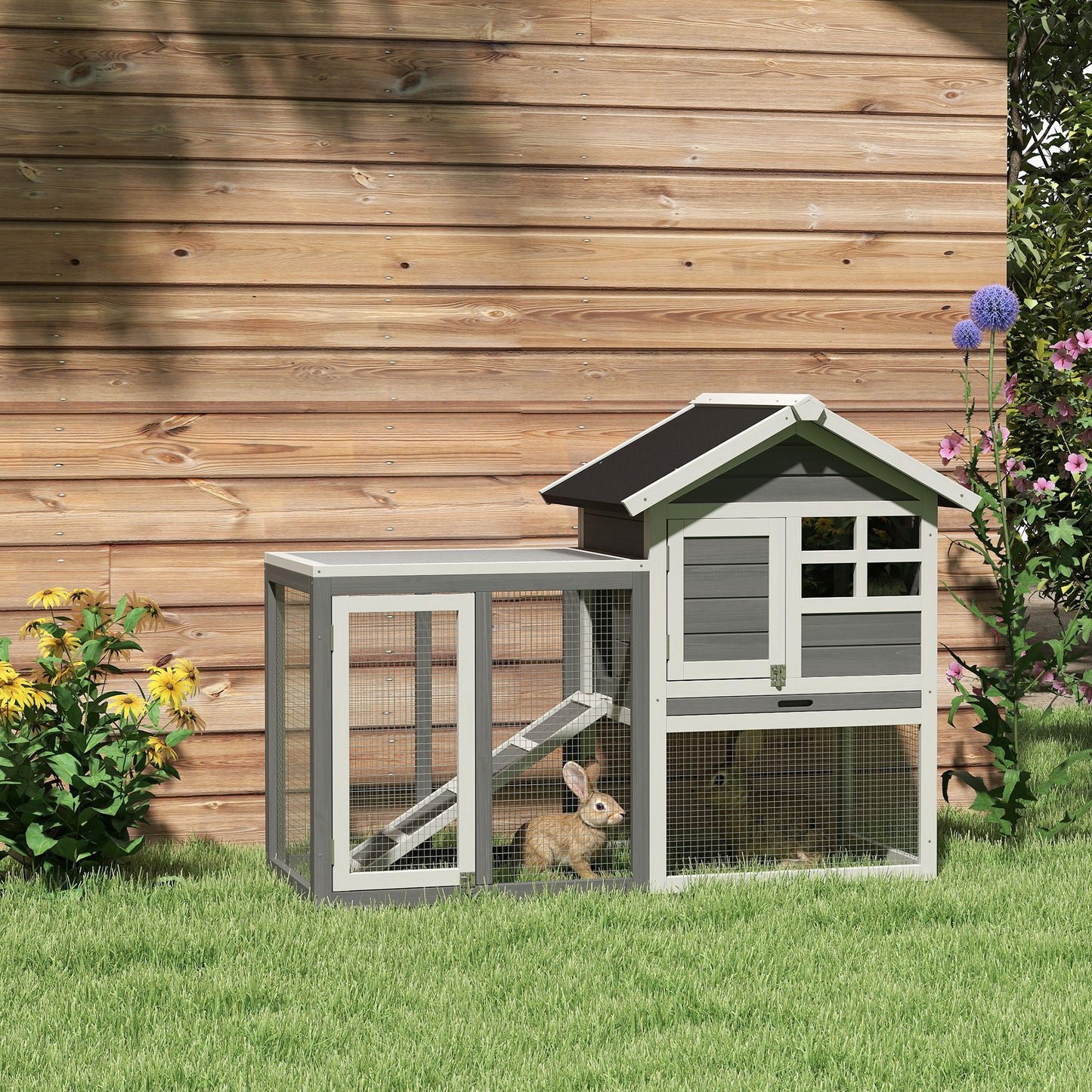 PawHut Rabbit Hutch Outdoor Wooden Guinea Pig Hutch Rabbit Run Bunny Cage Small Animal House Pull-Out Tray, Grey, 124 X 63 X 93 Cm