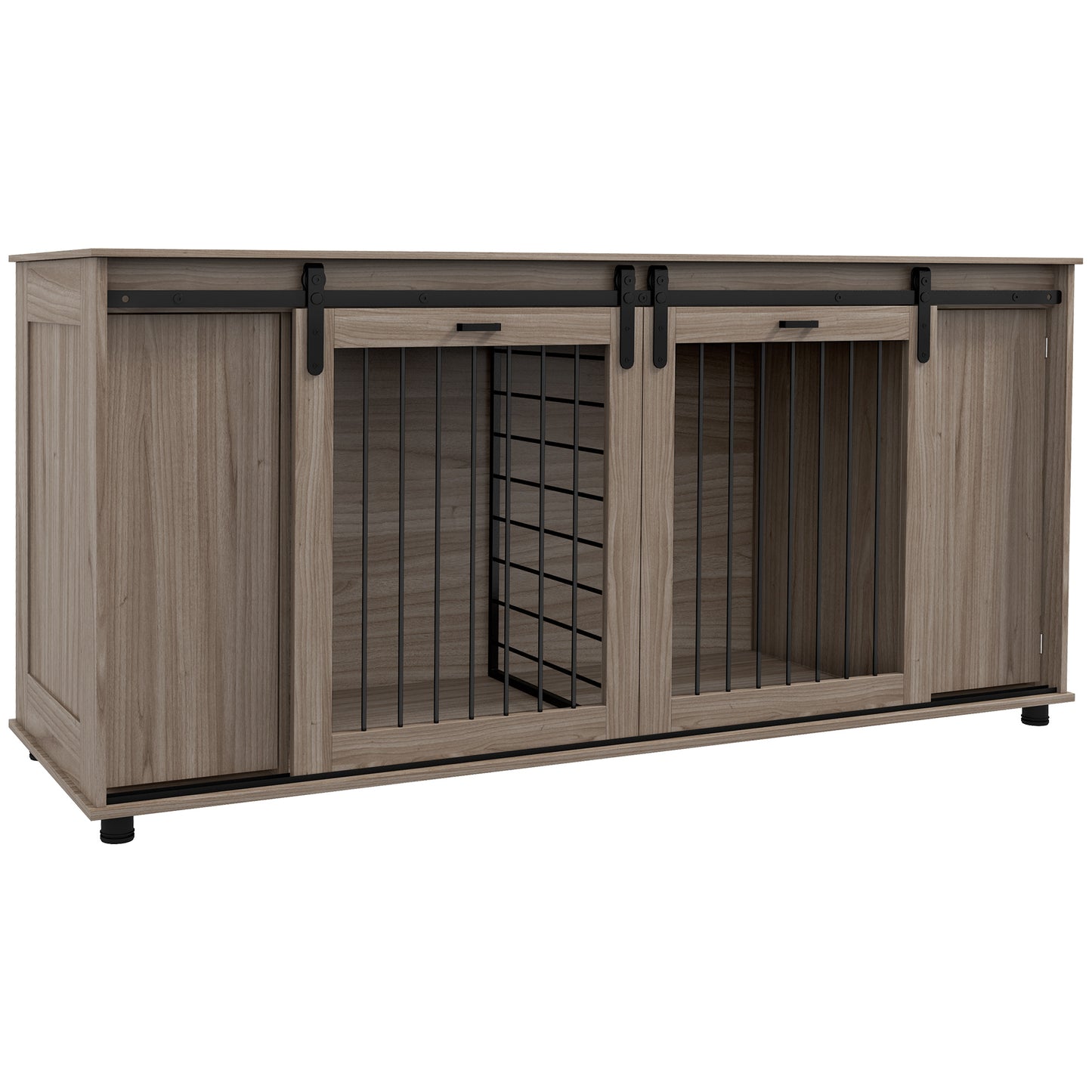 71" Modern Dog Kennel Furniture with Removable Divider, Storage for 2 Small Dogs or 1 Large Dog, Walnut