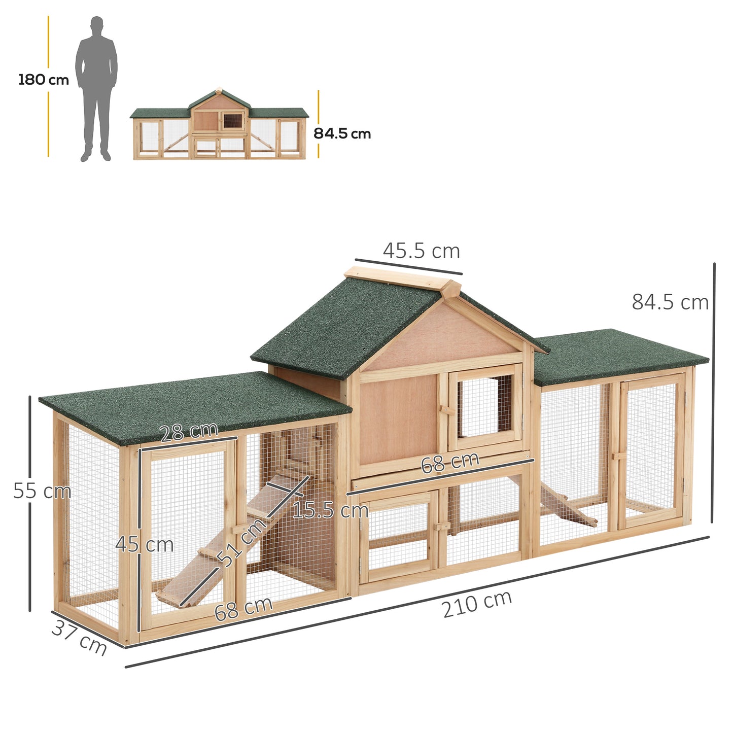 PawHut Large Rabbit Hutch Outdoor Wooden Guinea Pig Hutch With Run, 2 Storey Bunny House 210 X 45.5 X 84.5 Cm