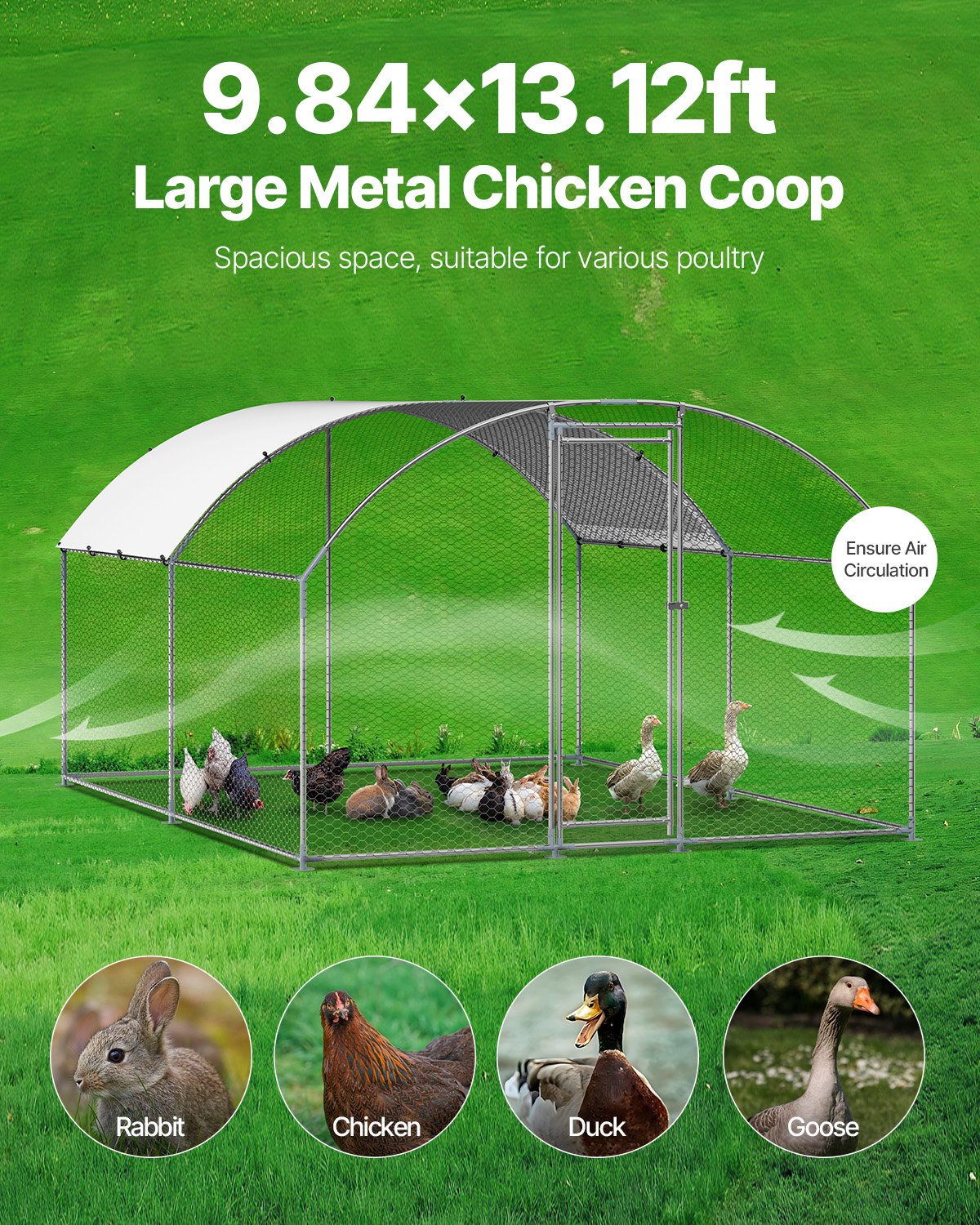 Metal Chicken Coop 9.8x13.1x6.5 Ft Walk-in Chicken Run With Cover Doom Roof