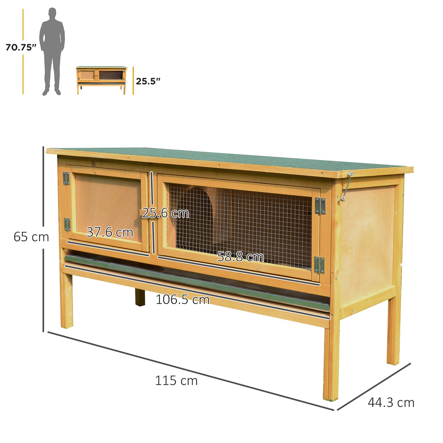PawHut Rabbit Hutch Outdoor Guinea Pig Hutch House Small Animal Bunny Cage W/ Openable Roof, 115 X 44 X 65 Cm