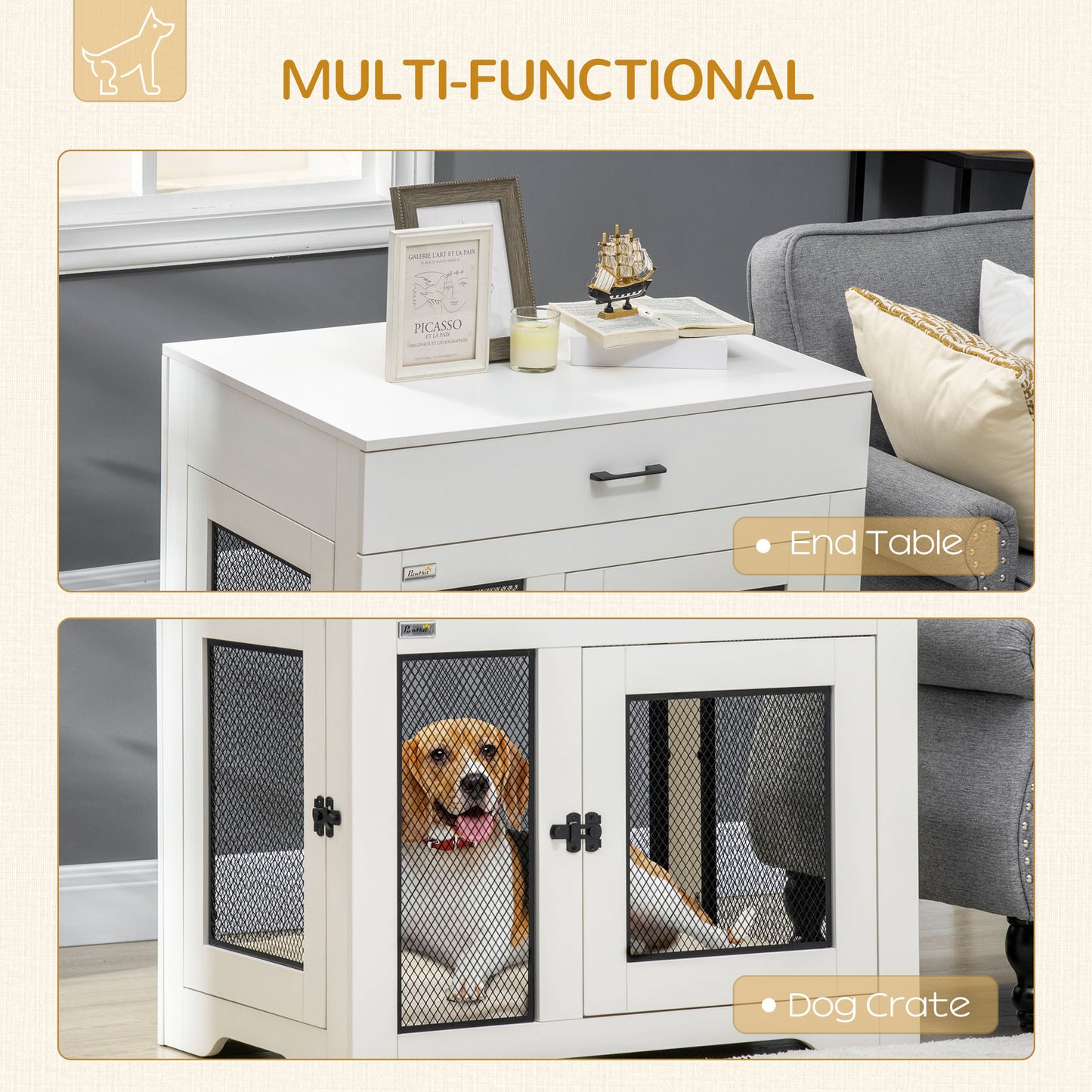 Dog Crate Furniture with Soft Water-Resistant Cushion, Dog Kennel End Table with Drawer, Puppy Crate for Small Dogs Indoor with 2 Doors, White