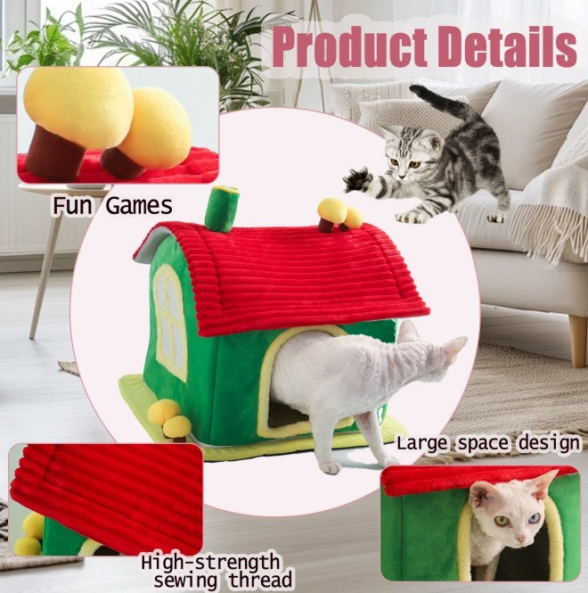 Cat Bed Indoor Enclosed Warm Cave - Cat Bed With Removable Cleaning Mat, Ample Interior Space, Comfortable And Soft Pet House, Red And Green