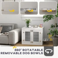 PawHut Dog Crate Furniture With 360 Rotatable Removable Dog Bowls, Dog Kennel Furniture For Medium Dogs, White