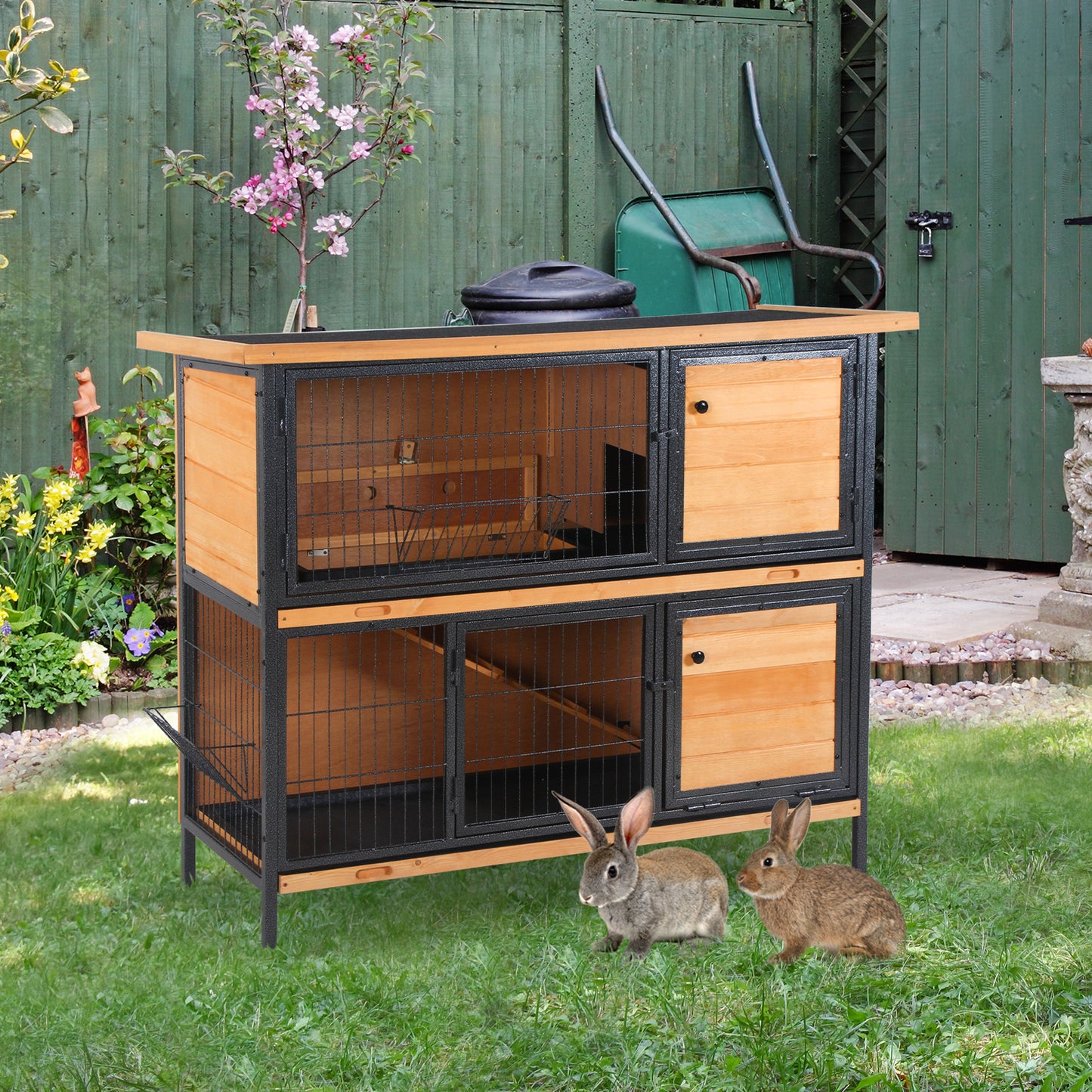 PawHut Rabbit Hutch Outdoor Guinea Pig Hutch Bunny Cage Metal Frame With No-Leak Tray Openable Roof Light Yellow 122 X 50 X 101cm