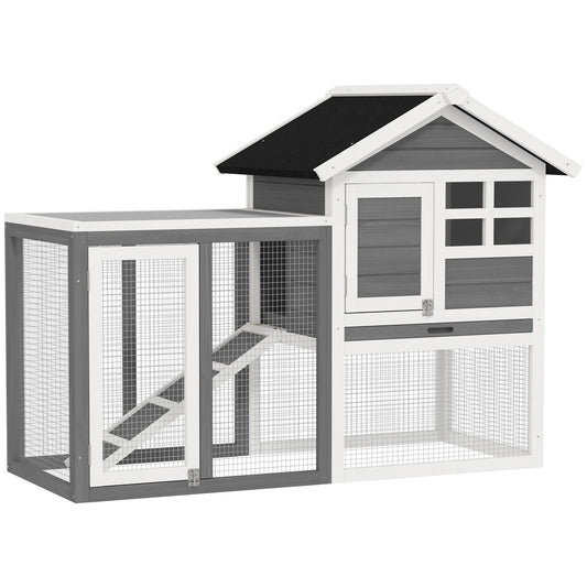 PawHut Rabbit Hutch Outdoor Wooden Guinea Pig Hutch Rabbit Run Bunny Cage Small Animal House Pull-Out Tray, Grey, 124 X 63 X 93 Cm