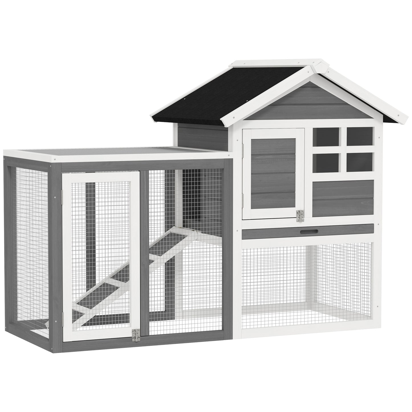 PawHut Rabbit Hutch Outdoor Wooden Guinea Pig Hutch Rabbit Run Bunny Cage Small Animal House Pull-Out Tray, Grey, 124 X 63 X 93 Cm
