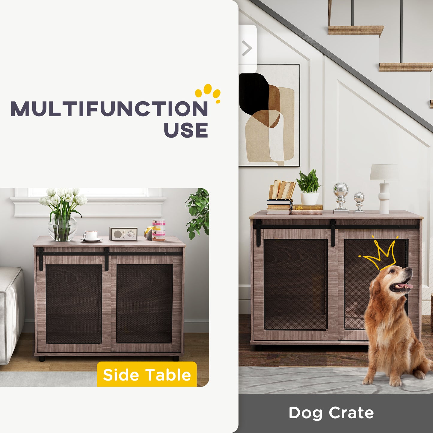 39" Dog Crate Furniture, Dog Kennel Furniture End Table with Sliding Barn Door for Large Dogs, Walnut Brown