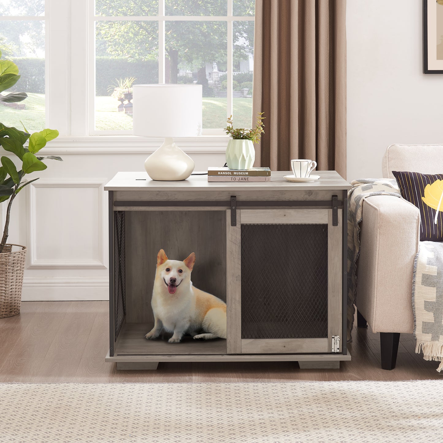 Farmhouse Dog Cage Crate Furniture With Sliding Barn Door,  Farmhouse Wooden Dog Kennel End Table With Flip-top Plate Dog House With Detachable Divider For Small Medium Large Dog Gray