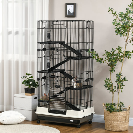 32L 6-Level Small Animal Cage Rabbit Hutch With Wheels Slide-out Tray Black For Bunny Chinchillas Ferret