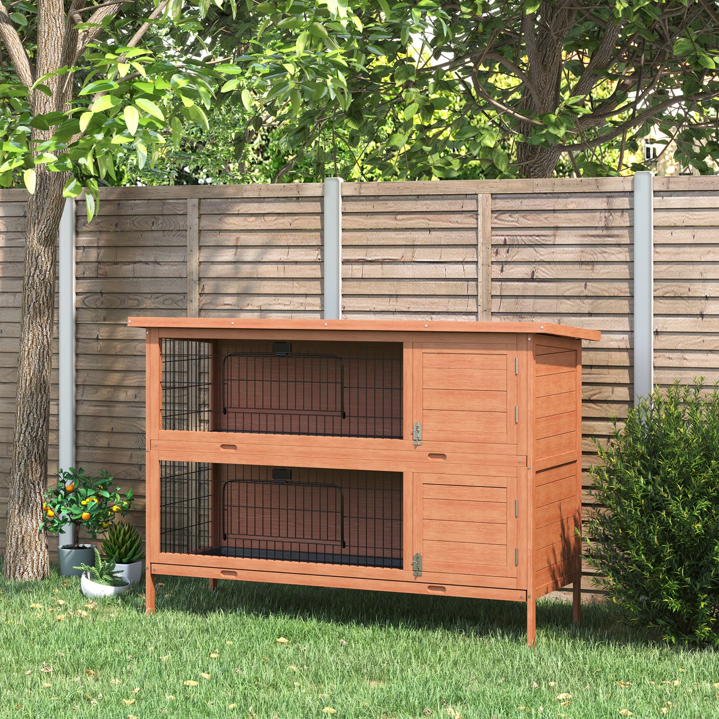 PawHut Rabbit Hutch Outdoor Guinea Pig Hutch Bunny Cage With No-Leak Trays, Divider, 136 X 50 X 93cm, Orange