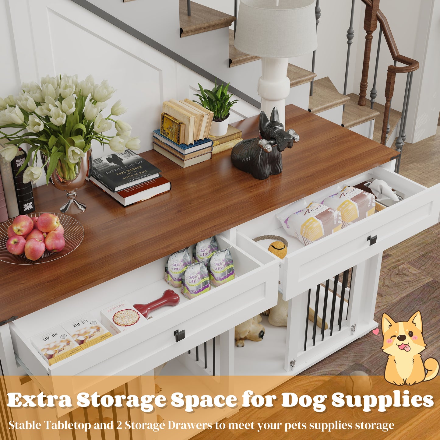 63'' Large Dog Crate Furniture For Double Dog, Wooden Dog Kennel With 2 Drawers,Divider And Sliding Door, Water Resistant Indoor Pets Furniture Style Double Dog Crates