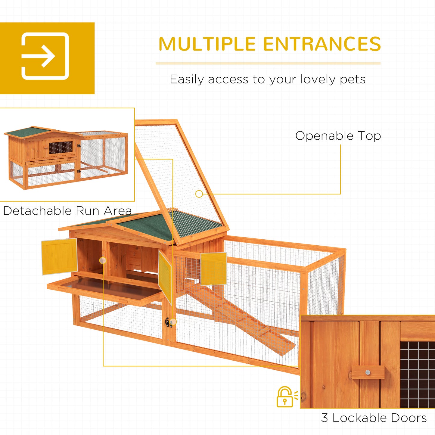PawHut Rabbit Hutch With Run Wooden Guinea Pig Hutch Outdoor Bunny Cage Hide House With Sliding Tray, Hay Rack, Ramp, 156 X 58 X 68cm, Orange