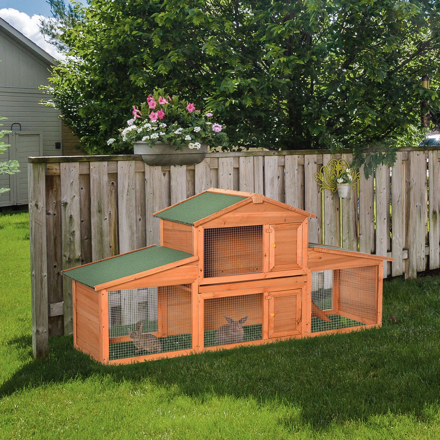 PawHut Large Rabbit Hutch Outdoor, Guinea Pig Hutch, Wooden Small Animal House, With Rabbit Run, 215 X 63 X 97 Cm