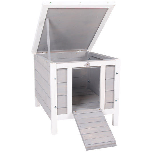 PawHut Wooden Rabbit Hutch Outdoor, Guinea Pig Hutch, Rabbit Hideaway, Cat House, Bunny Cage Small Animal House With Openable Roof, 51 X 42 X 43 Cm, Grey