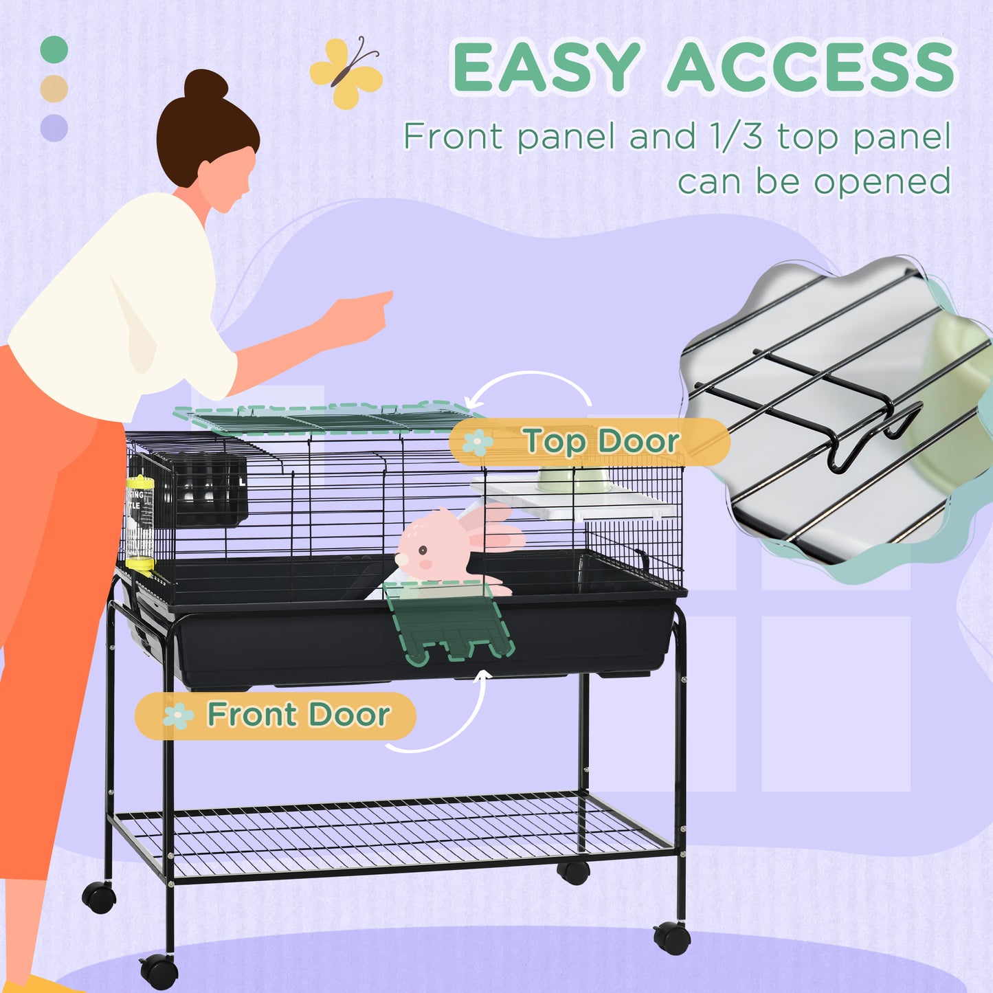 Two-Story Small Animal Cage Removable from Stand, Guinea Pig Cage with Shelf & Wheels, Pet Habitat for Hedgehog, Chinchilla, Ferret, 39" x 20.5" x 36.5", Black