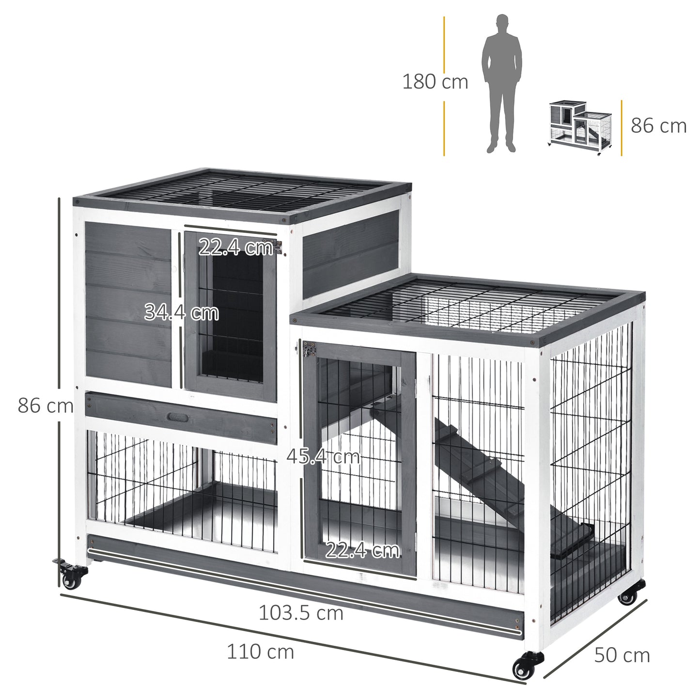 PawHut Wooden Indoor Rabbit Hutch Guinea Pig House Bunny Small Animal Cage W/ Wheels Enclosed Run 110 X 50 X 88 Cm, Grey