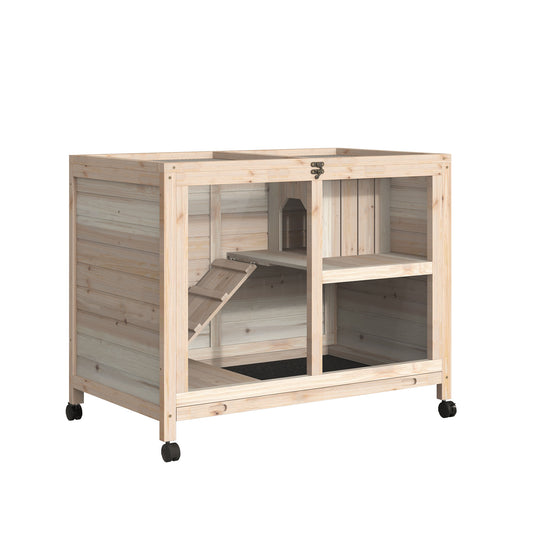 PawHut Rabbit Hutch Indoor Wooden Guinea Pig House Hamster Cage With Wheels, 2 Layers Bunny Cage With Openable Roof, 91.5 X 53.3 X 73 Cm, Natural