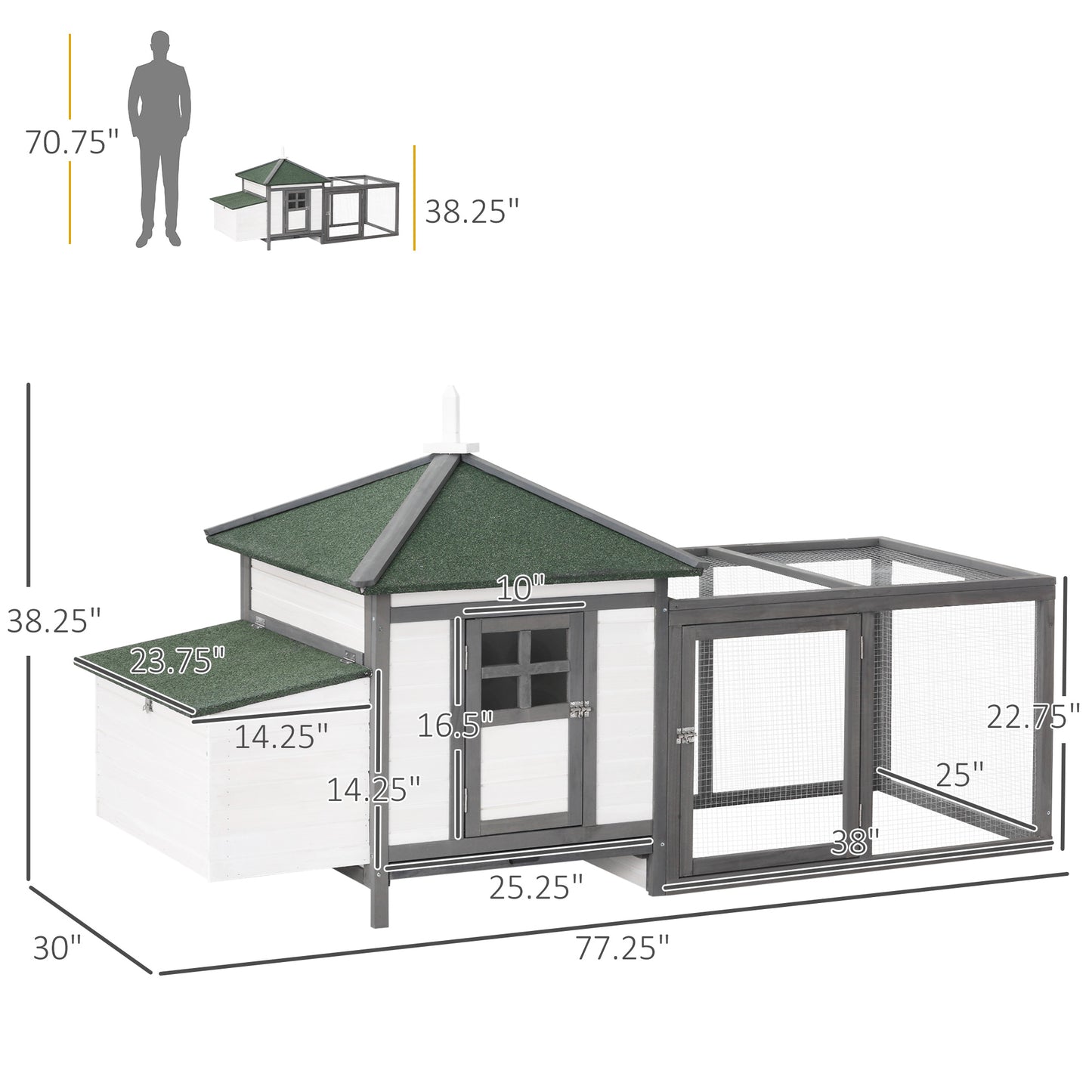 Wooden Chicken Coop 77 Inch With Weatherproof Roof Nesting Box Enclosed Run Removable Tray Outdoor Gray