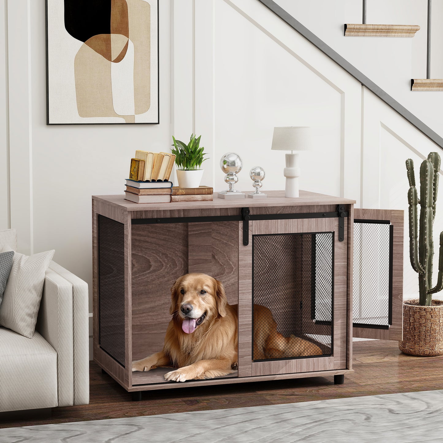 39" Dog Crate Furniture, Dog Kennel Furniture End Table with Sliding Barn Door for Large Dogs, Walnut Brown