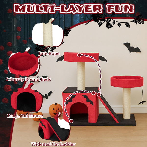 Halloween Cat Climbing Frame Gothic Cat Tree, Cat Tower With Spacious Cat Condo, 2 Padded Perches, Spider Toy, Scratching Posts, Scratching Ladder
