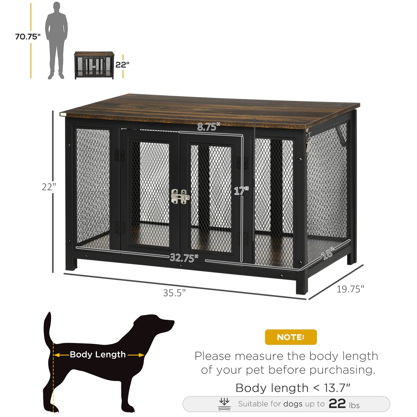 Furniture Style Dog Crate with Openable Top, Big Dog Crate End Table, Puppy Crate for Small Dogs Indoor, Spacious Interior, Pet Kennel, Brown, Black