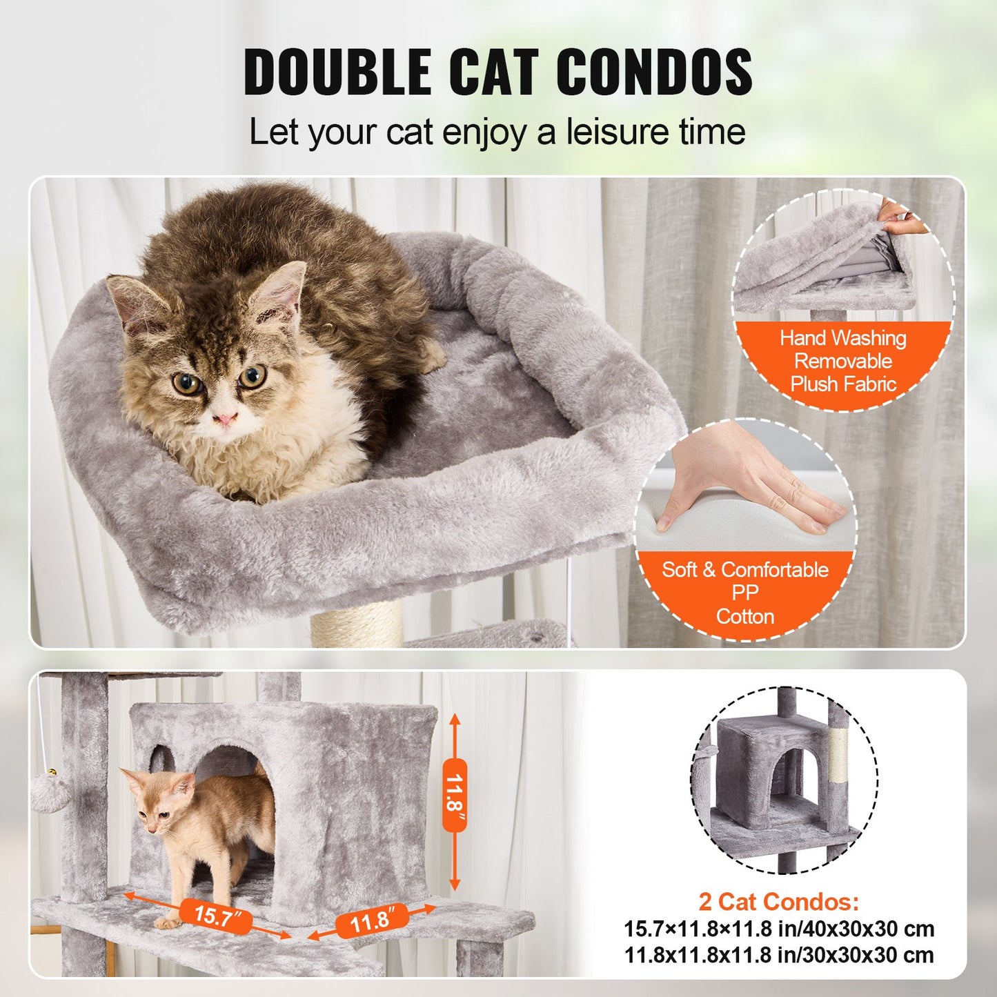 Cat Tree For Indoor Cats, 68.5" Cat Tower With 2 Cat Condos, Sisal Scratching Post, Hammock, Top Perch, Jumping Platforms, Large Cat Furniture Activity Center With Hang Ball, Light Grey