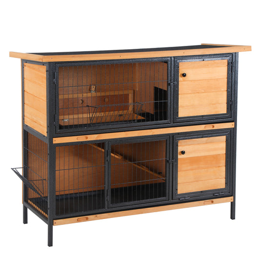 PawHut Rabbit Hutch Outdoor Guinea Pig Hutch Bunny Cage Metal Frame With No-Leak Tray Openable Roof Light Yellow 122 X 50 X 101cm