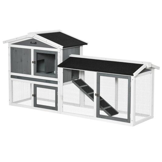 PawHut Rabbit Hutch Outdoor, 2-Tier Guinea Pig Hutch, Wooden Small Animal House With Rabbit Run Box, Slide-out Tray, Ramp, 175.8 X 52 X 85.5 Cm, White