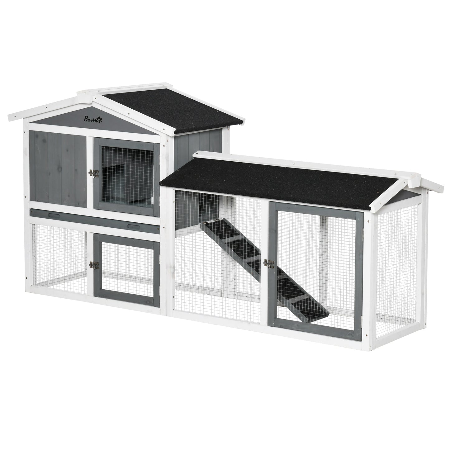PawHut Rabbit Hutch Outdoor, 2-Tier Guinea Pig Hutch, Wooden Small Animal House With Rabbit Run Box, Slide-out Tray, Ramp, 175.8 X 52 X 85.5 Cm, White
