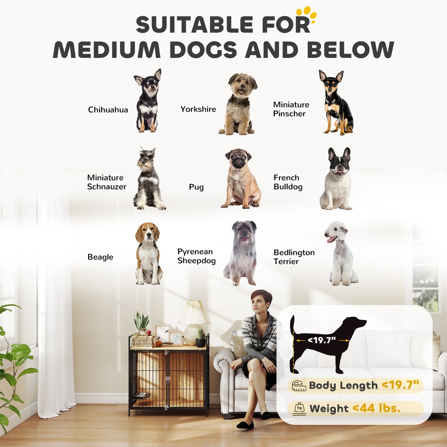 30 Inch Dog Crate Furniture, Indoor Pet Kennel Side Table with Rotatable Bowls, 2 Anti-Escape Doors, for M Dogs, Oak