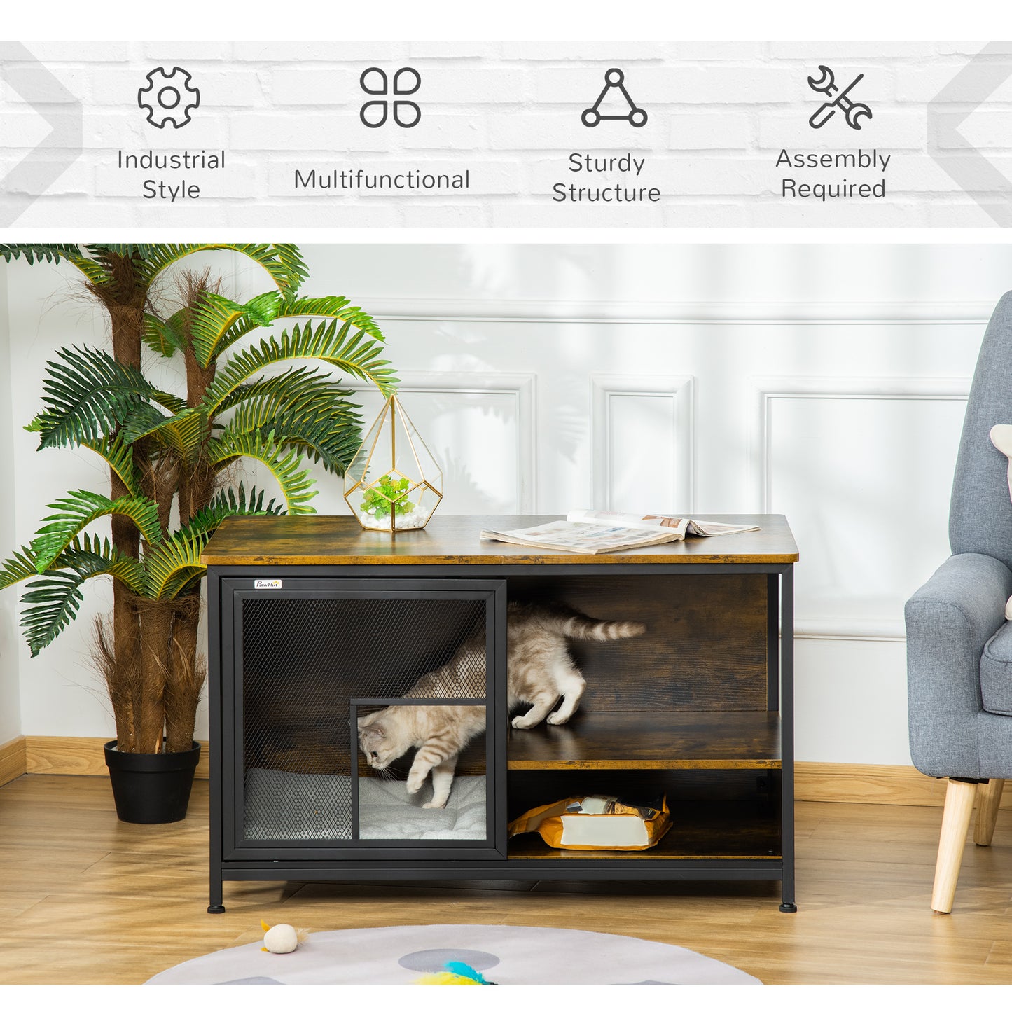 Wooden Cat Crate, Furniture Style Dog Cage, Puppy Kennel Indoor, End Table Pet House with Cushion and Sliding Doors, Rustic Brown