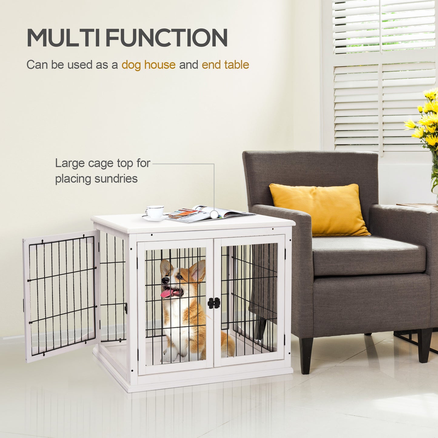 Dog Crate Furniture, 32" Small Dog Cage End Table with 2 Doors, Lockable Door, Puppy Kennel Indoor, White