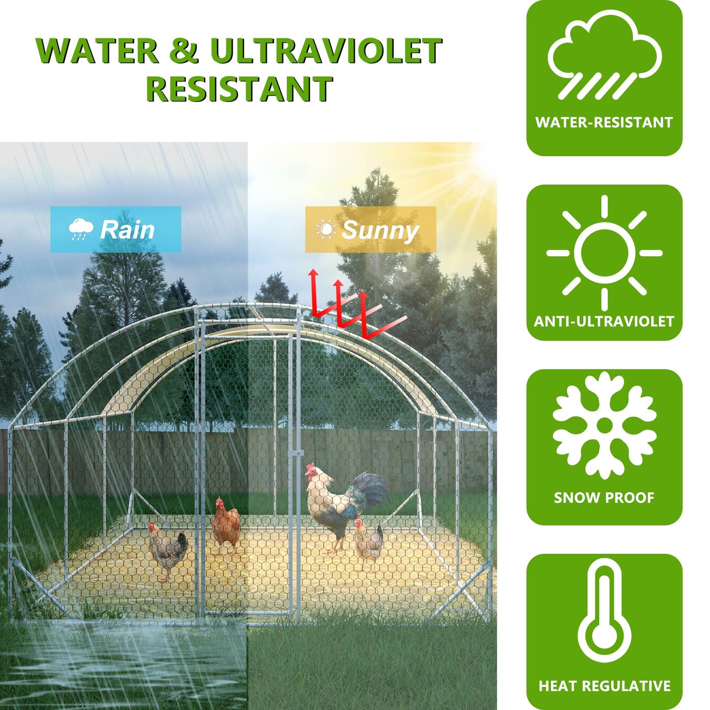 Large Chicken Coop Metal Chicken Run With Waterproof And Anti-UV Cover, Dome Shaped Walk-in Fence Cage Hen House For Outdoor And Yard Farm, 9.84 X 19.68 X 6.56 Ft