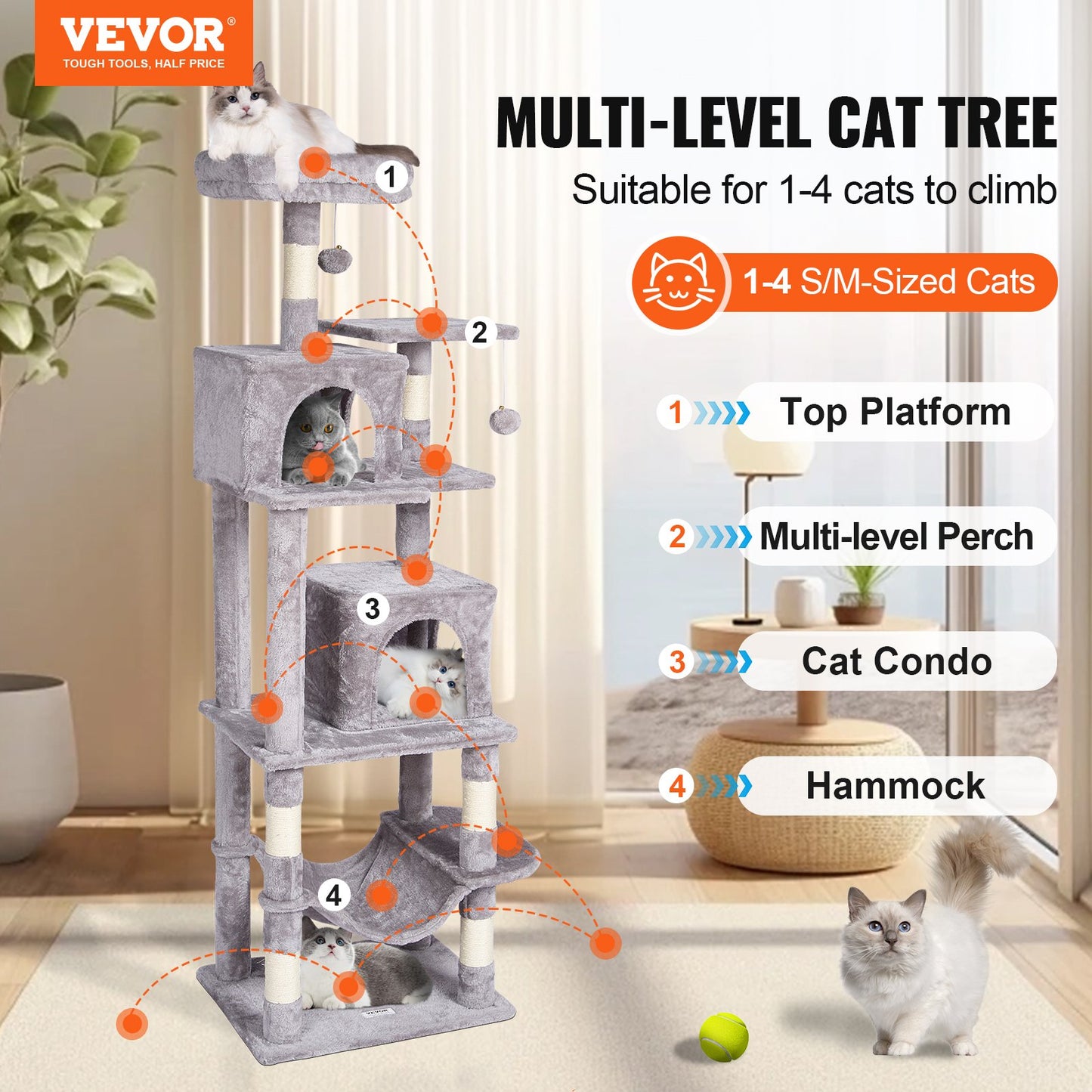 Cat Tree For Indoor Cats, 63" Cat Tower With 2 Cat Condos, Sisal Scratching Post, Hammock, Top Perch, Jumping Platforms, Large Cat Furniture Activity Center With Hang Ball, Light Grey