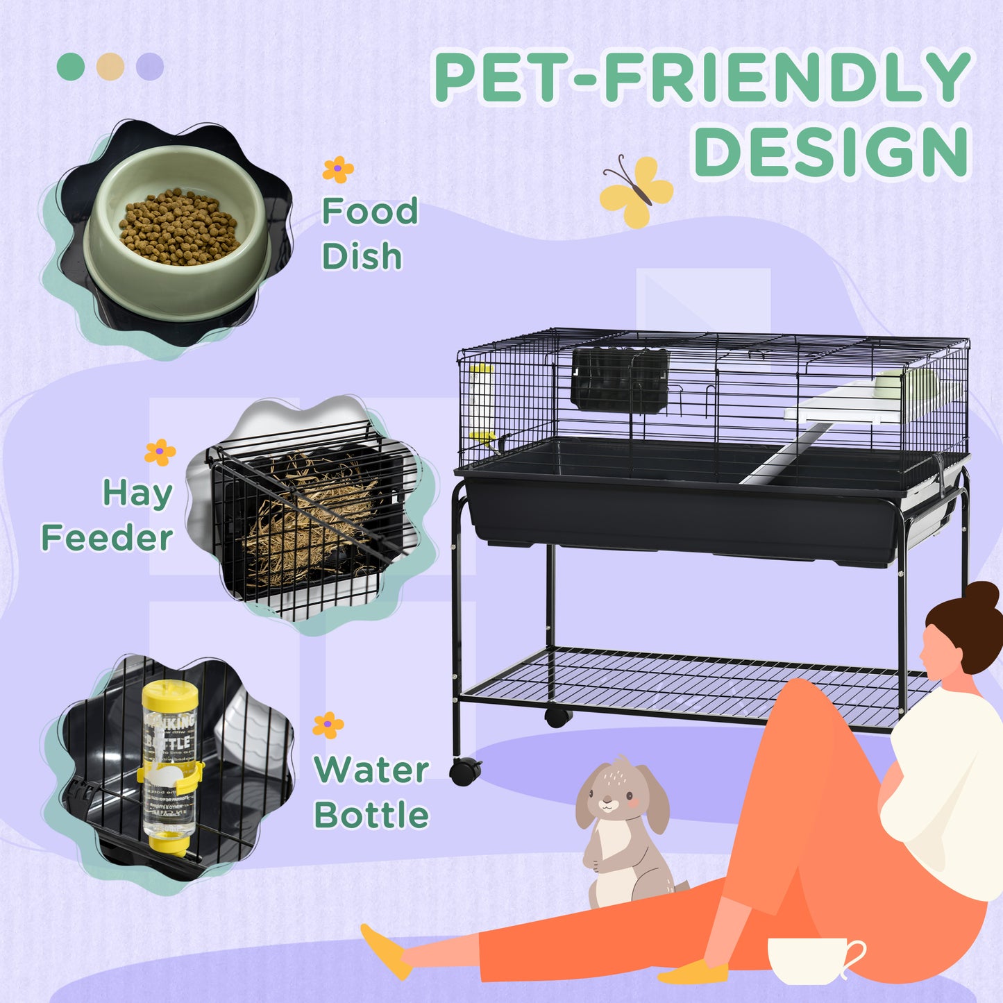 Two-Story Small Animal Cage Removable from Stand, Guinea Pig Cage with Shelf & Wheels, Pet Habitat for Hedgehog, Chinchilla, Ferret, 39" x 20.5" x 36.5", Black