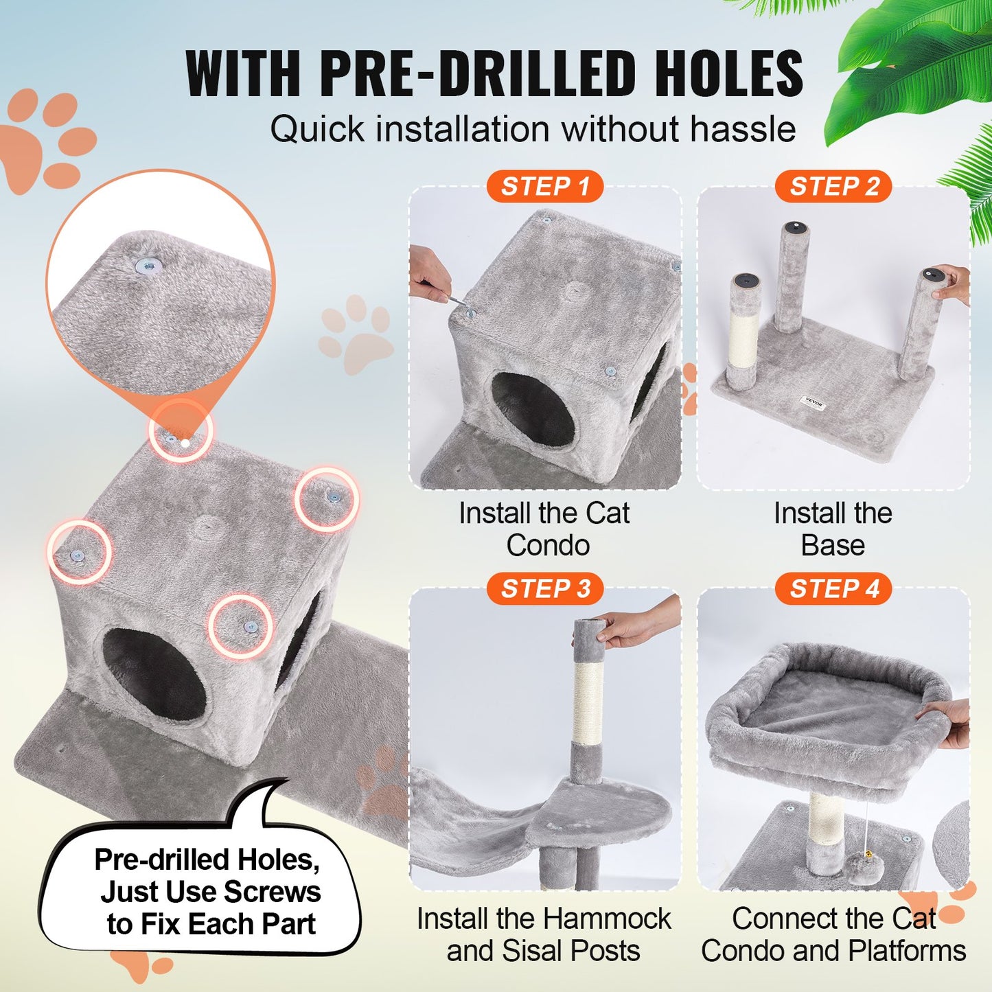 Cat Tree For Indoor Cats, 56.2" Cat Tower With Cat Condo, Sisal Scratching Post, Hammock, Top Perch, Jumping Platforms, Large Cat House With Hang Ball, Cat Furniture Activity Center, Light Grey