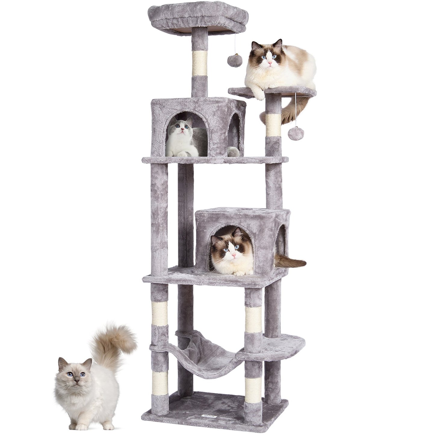 Cat Tree For Indoor Cats, 63" Cat Tower With 2 Cat Condos, Sisal Scratching Post, Hammock, Top Perch, Jumping Platforms, Large Cat Furniture Activity Center With Hang Ball, Light Grey